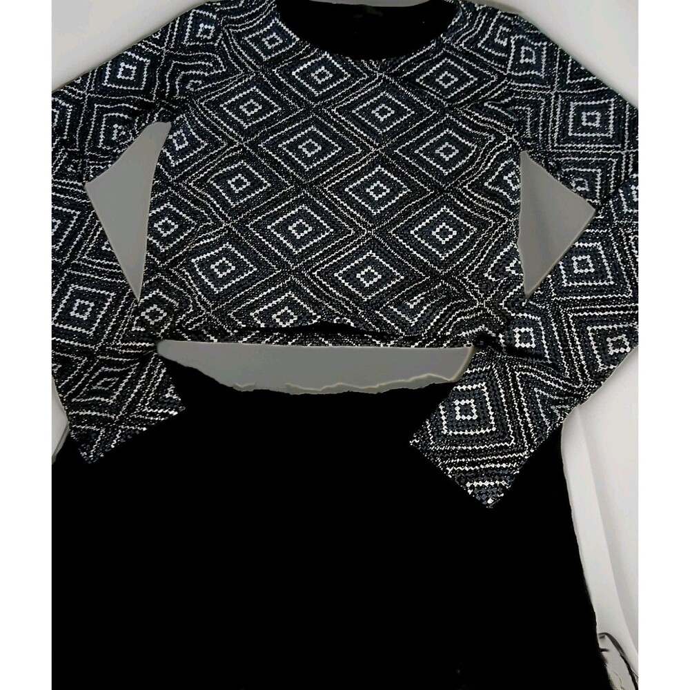 Vintage Y2K Textured Crop Top XS Geometric Metallic Beaded Long Sleeve Partywear